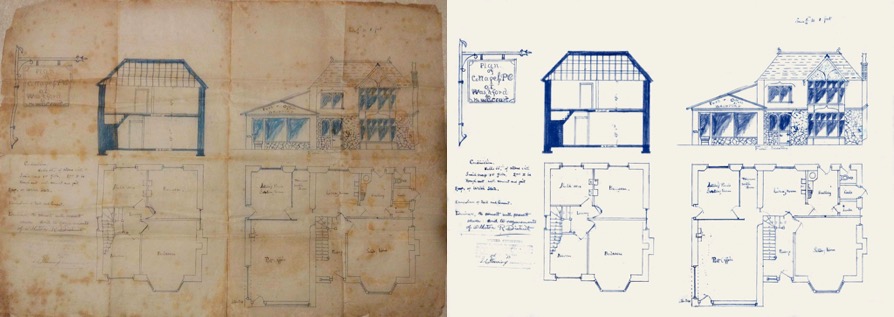 The original house drawings produced in the 1920s (left) and the digitally restored copy (right).