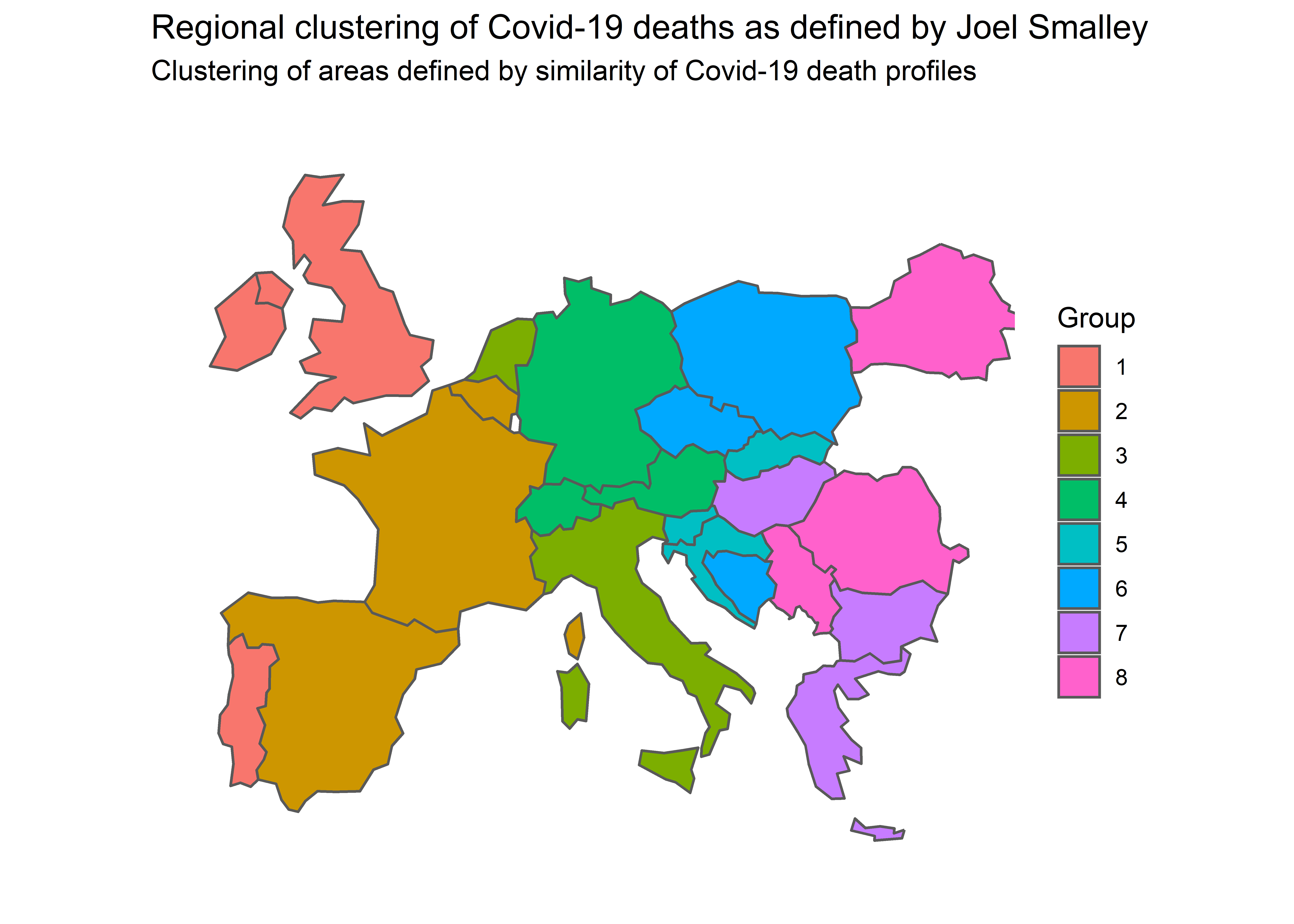 Map showing the grouping assigned by Joel